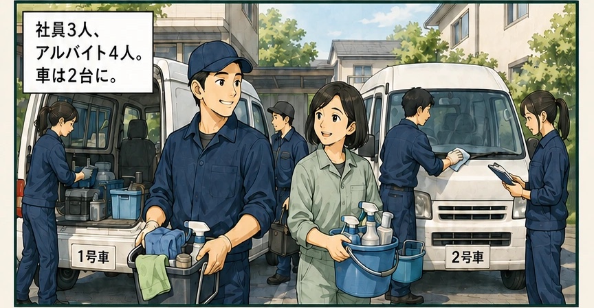 社員3人、アルバイト4人。車を2台に分け、それぞれの現場へ向かう様子。