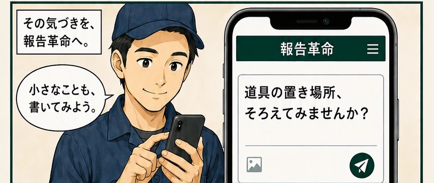 スタッフが報告革命に、道具の置き場所をそろえる提案を投稿する様子。