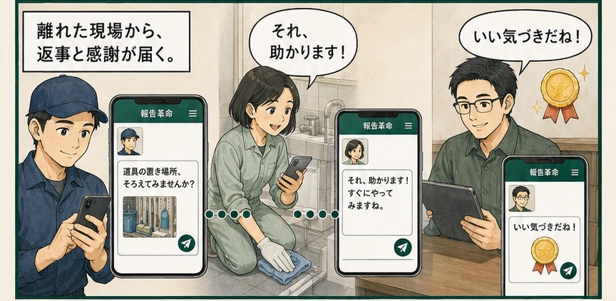 離れた現場から返事と感謝が届き、責任者がメダルで認める様子。