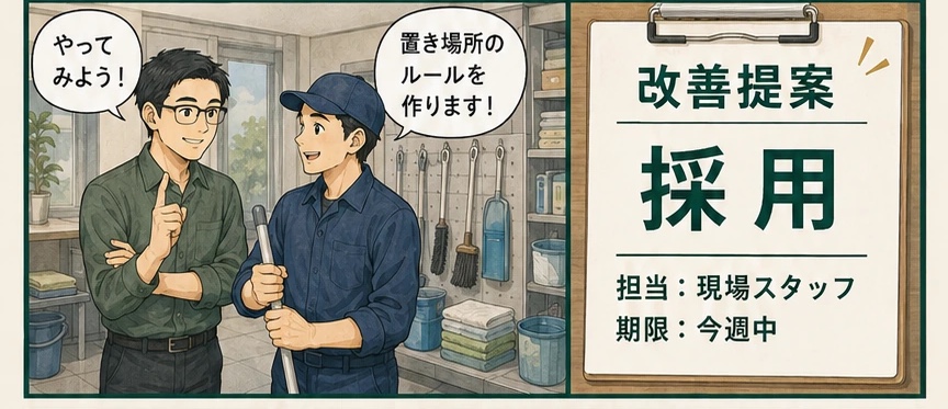 社長が改善提案を採用し、現場スタッフが担当と期限を決める様子。